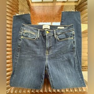 FRAME Le High Skinny Jeans Women’s Dark Wash Raw Hem Frayed Ankle Stretch Denim